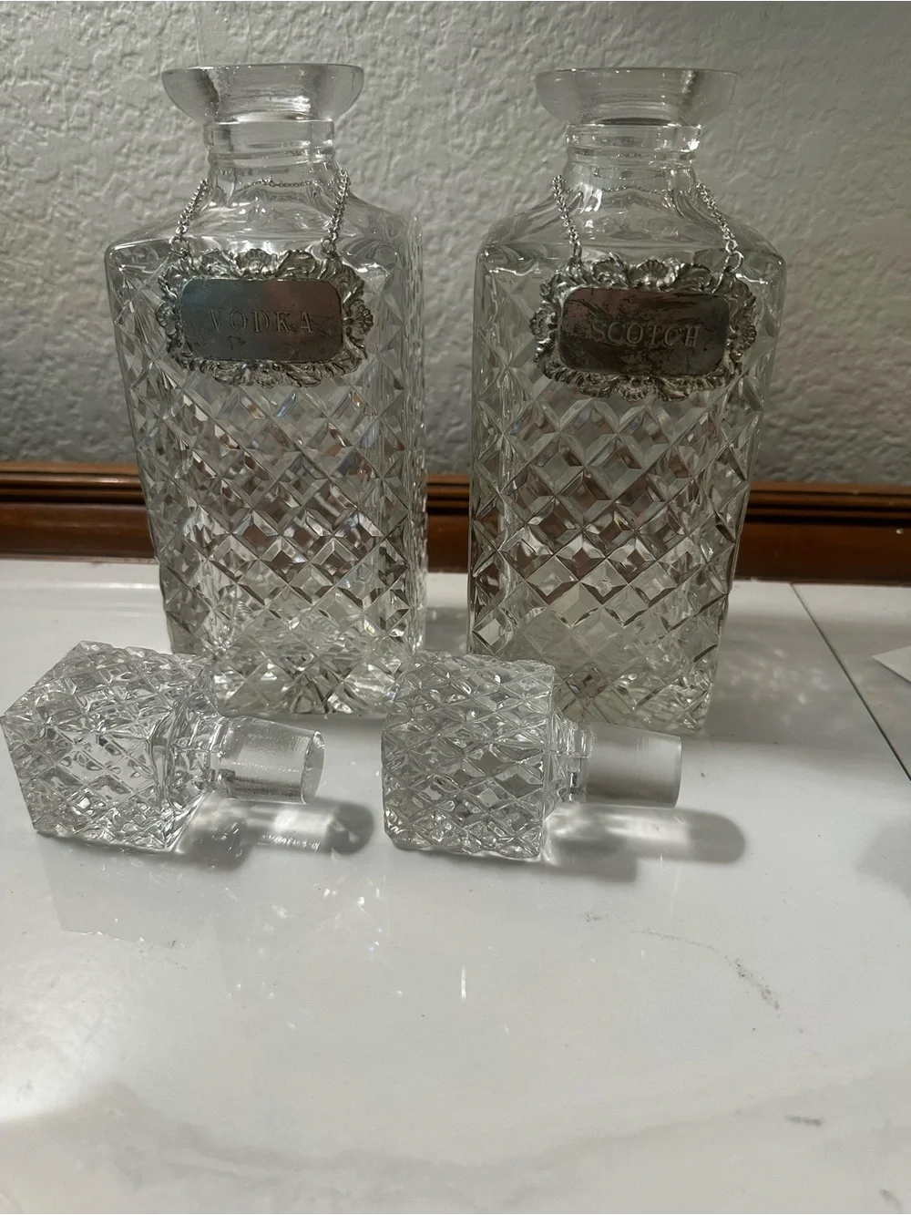 Cut Glass Square Decanters with Silver Labels - Clear Crystal